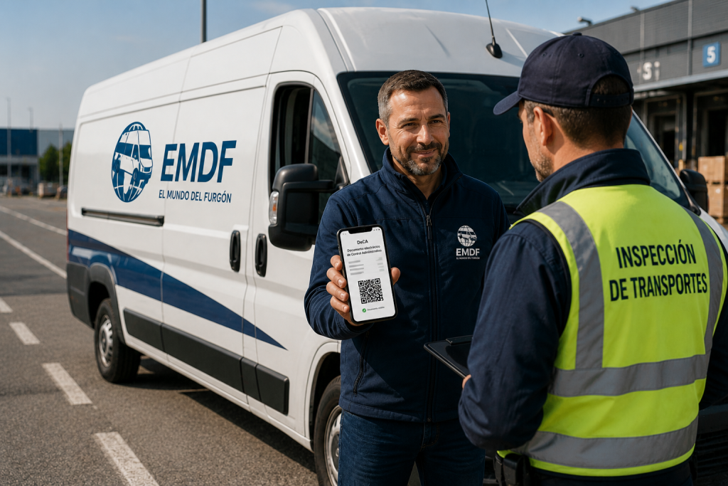 Decálogo de DeCA de EMDF: 10 claves que todos los autónomos del furgón debemos saber (y no liarla) Transportista de El Mundo del Furgón mostrando el DeCA con código QR en el móvil a un agente de Inspección de Transportes, junto a una furgoneta EMDF